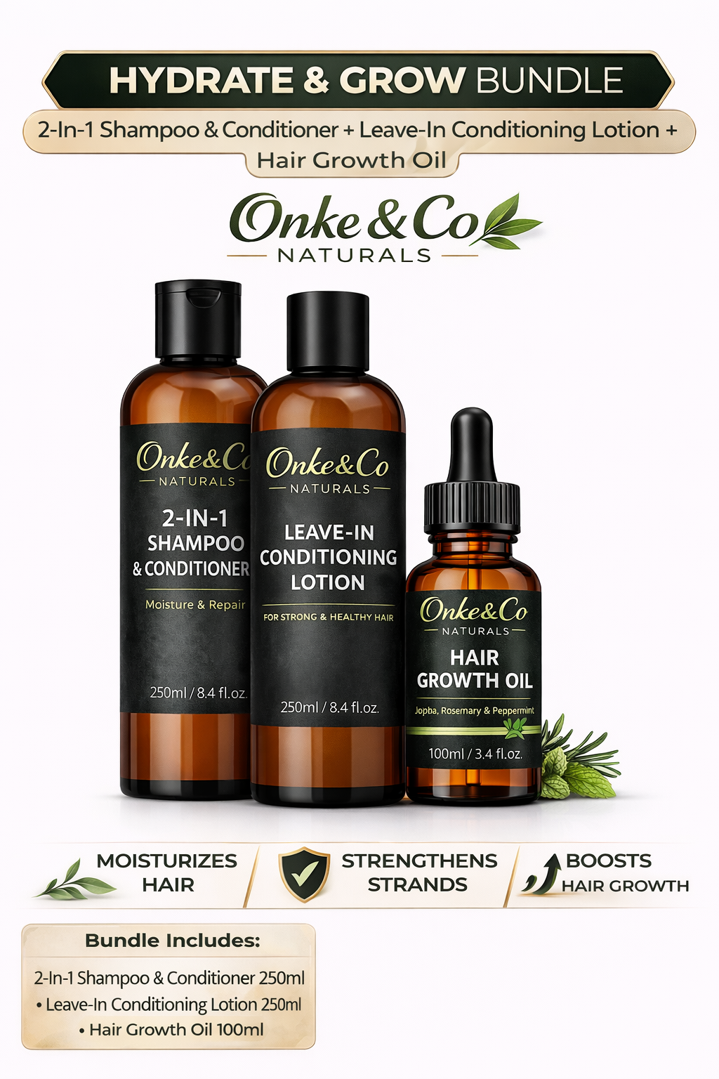 2-in 1 Shampoo And Conditioner +Leave-in Conditioning Lotion +Growth Oil Bundle